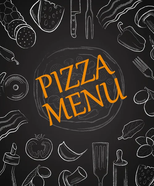 Judul menu pizza dengan tangan putih digambar bahan pada papan tulis - Stok Vektor