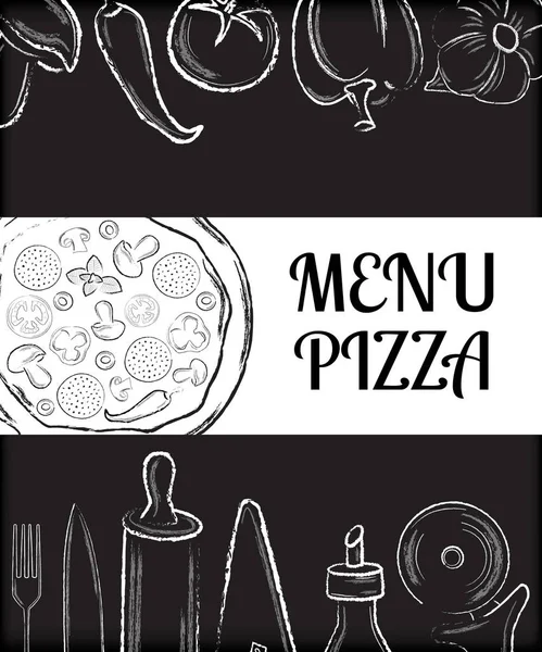 Pizza cafe menu halaman depan template dengan tangan putih ditarik ingrid - Stok Vektor
