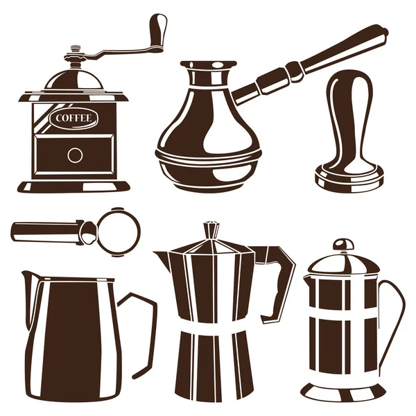 Set de tazas de café blanco dibujado a mano y prensa francesa sobre ch negro — Vector de stock