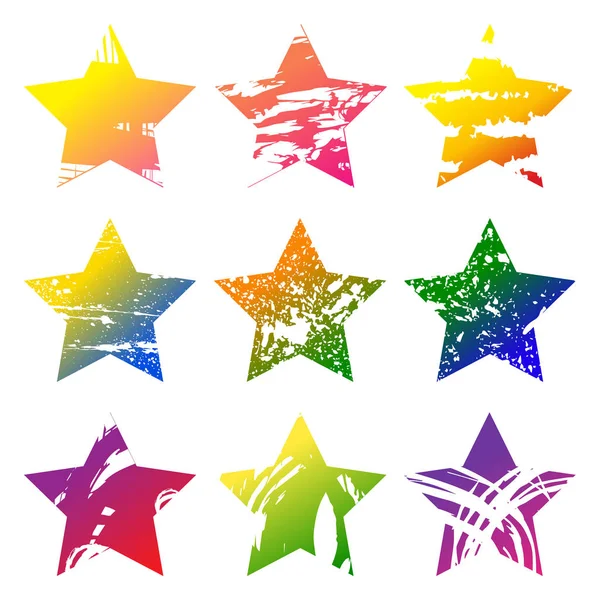 Conjunto de estrellas grunge coloridas con manchas talladas en ba blanca — Vector de stock