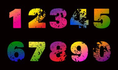 Set of colorful numbers with carved grunge spots on white  backg clipart