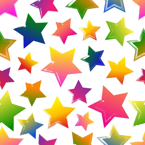 Nahtloses Muster mit farbenfrohen, von Hand gezeichneten Grunge-Sternen auf Weiß — Stockvektor