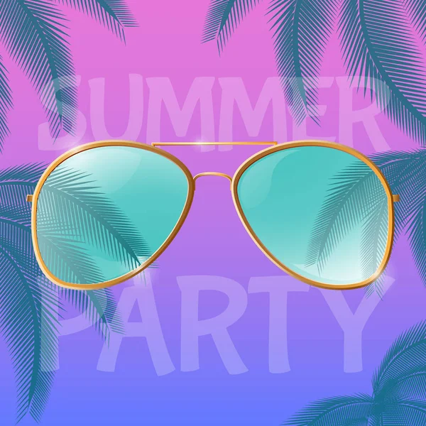 Летняя вечеринка в белых буквах с пальмовыми листьями и солнечными очками — стоковый вектор