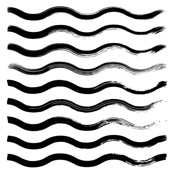Conjunto de líneas de onda dibujadas a mano negras sobre fondo blanco . — Archivo Imágenes Vectoriales