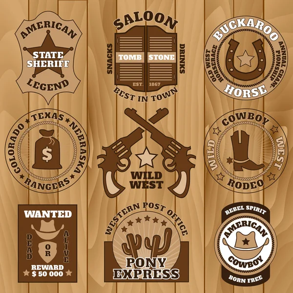 Vintage insignias del oeste salvaje sobre fondo de madera — Vector de stock