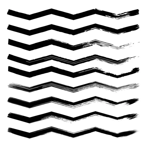 Conjunto de líneas zig zag dibujadas a mano en negro sobre fondo blanco . — Archivo Imágenes Vectoriales