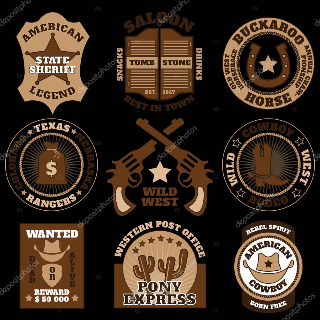 Vintage wild west badges on black background vector illustration