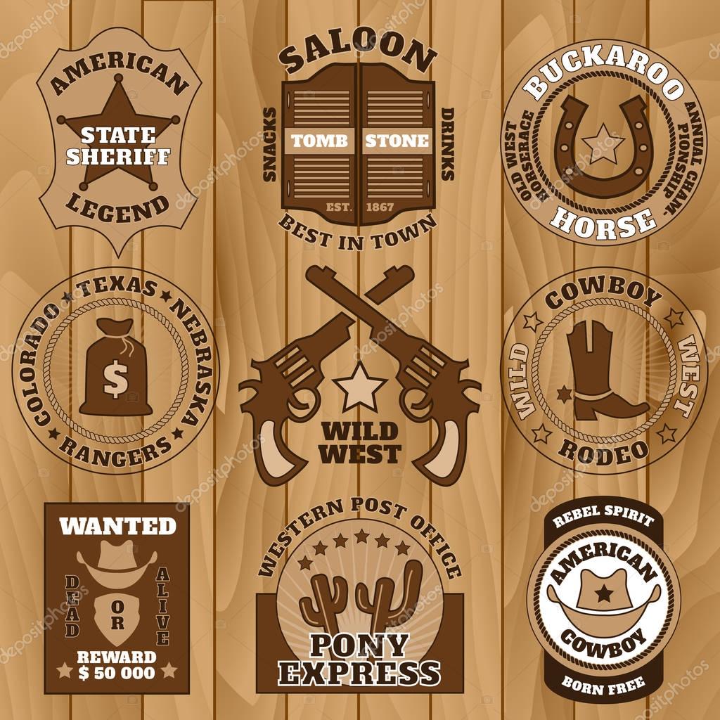 Vintage wild west badges on wooden background vector illustration