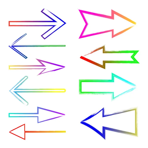 Ensemble de couleur grunge main dessiné coups de pinceau flèches sur le dos blanc — Image vectorielle