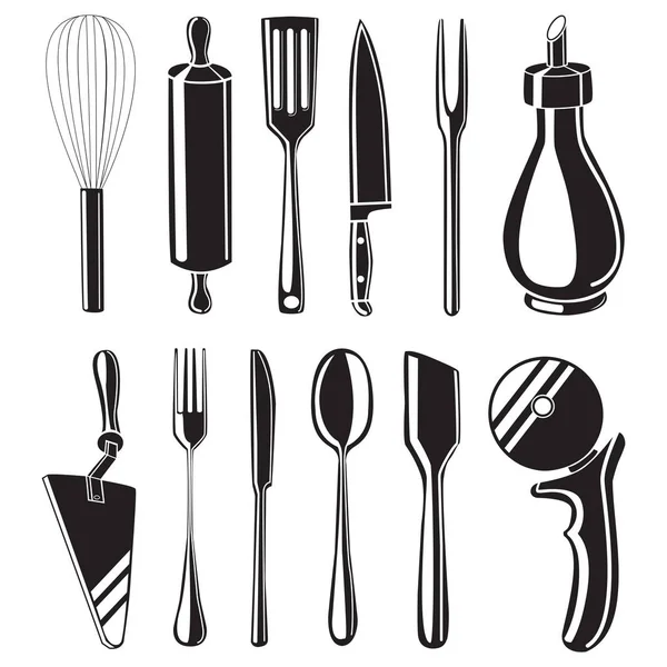 Sada kuchyňský nástrojů na černém pozadí bílé ručně kreslenou — Stockový vektor