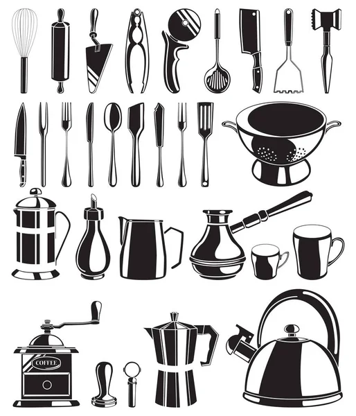 Ensemble d'outils de cuisine dessinés à la main noirs sur fond blanc — Image vectorielle