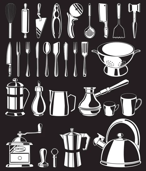 Set de unelte de bucătărie trase manual alb pe fundal negru — Vector de stoc