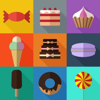 Co üzerinde uzun gölgeler ile renkli basit fırın düz simgeler kümesi