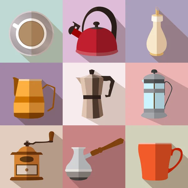 Conjunto de coloridos iconos cuadrados de café plano con largas sombras — Vector de stock