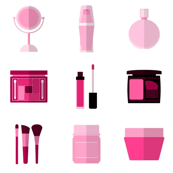 Conjunto de simples iconos planos cosméticos rosados sobre fondo blanco — Vector de stock