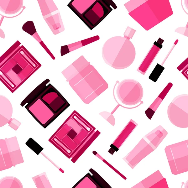 Fondo de patrón sin costuras con simples iconos planos cosméticos de color rosa — Vector de stock