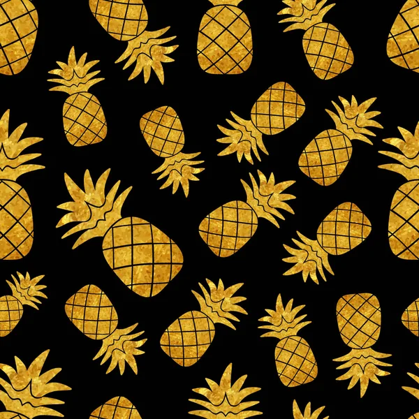 Modello senza cuciture ananas oro su sfondo nero — Vettoriale Stock