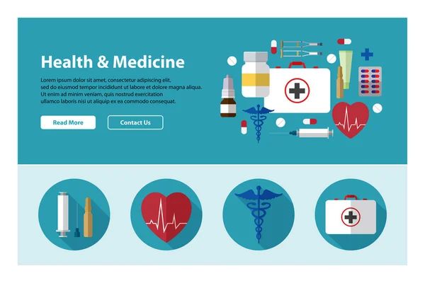 Flat design of web header template with medicine icons — Stock Vector