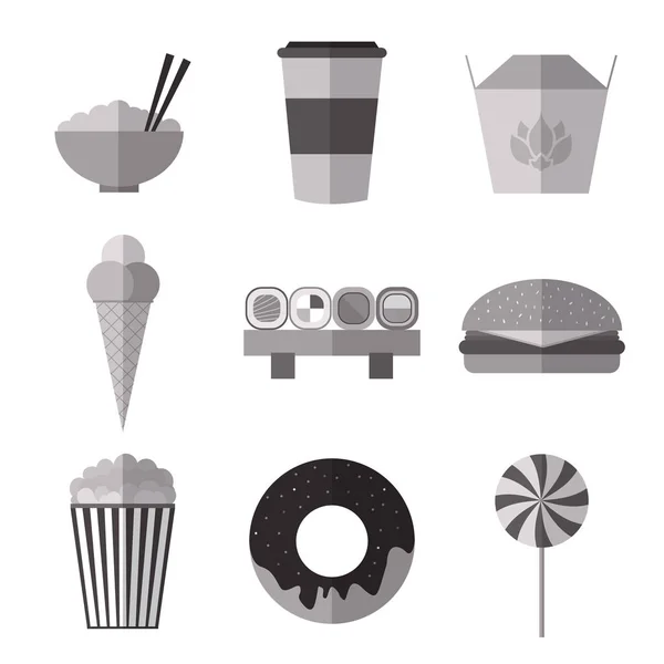 Conjunto de iconos planos monocromáticos de comida rápida simple con sombras largas — Vector de stock