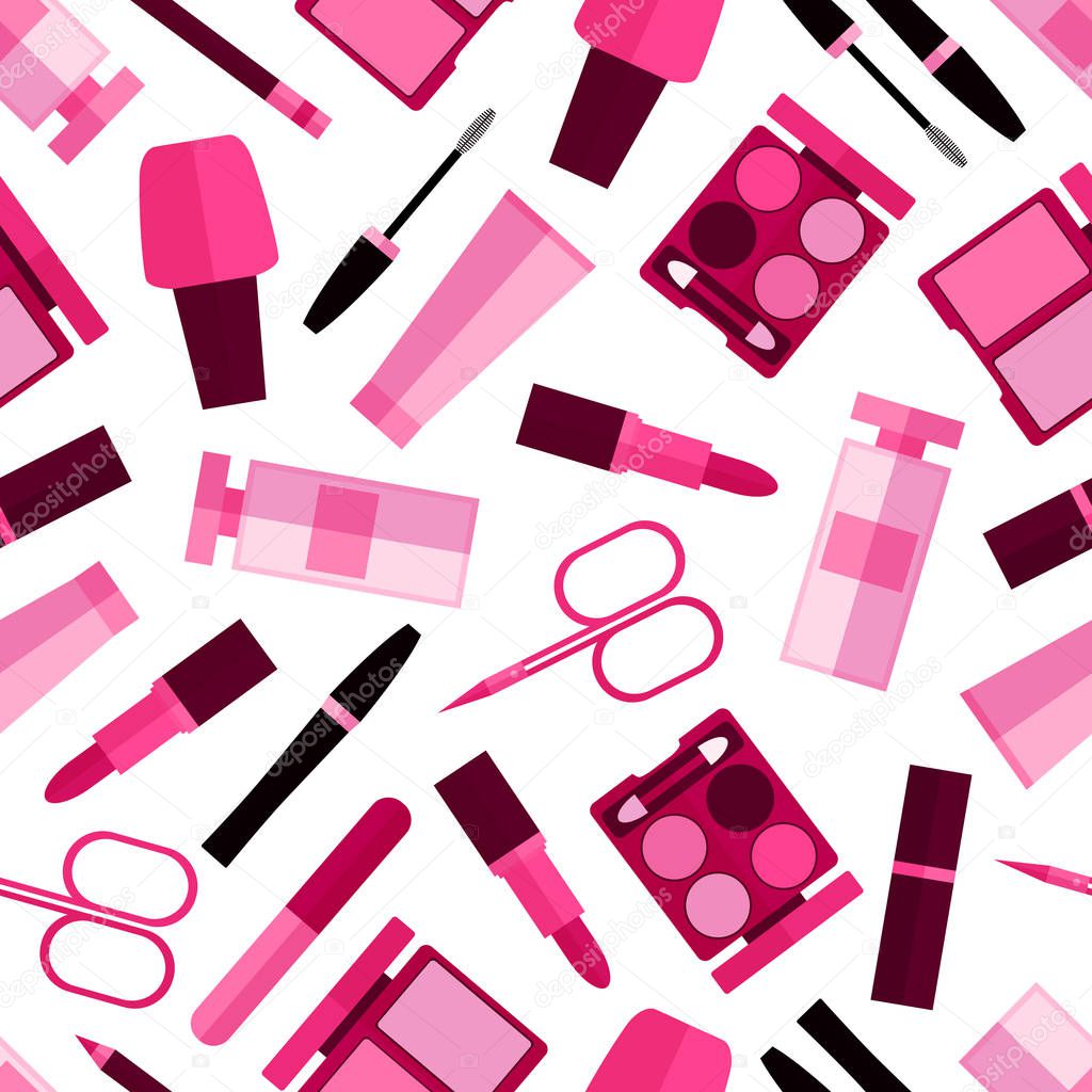Seamless pattern background with simple pink cosmetic flat icons