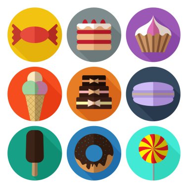 CI üzerinde uzun gölgeler ile renkli basit fırın düz simgeler kümesi