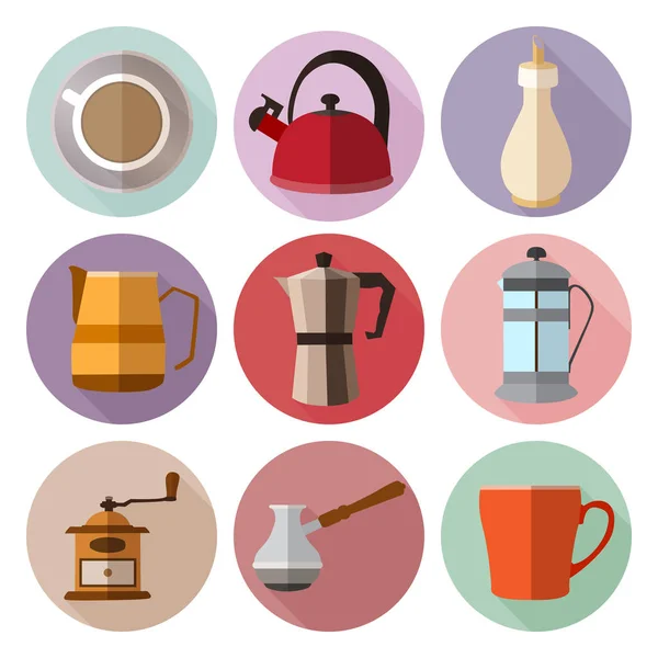 Conjunto de simples iconos planos de café con largas sombras en volor circl — Vector de stock