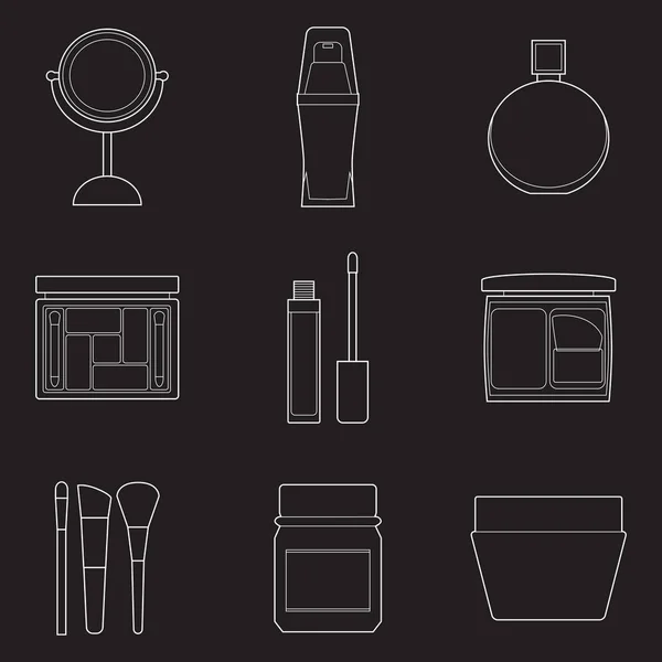Ensemble d'icônes d'art de ligne cosmétique simple sur fond noir — Image vectorielle