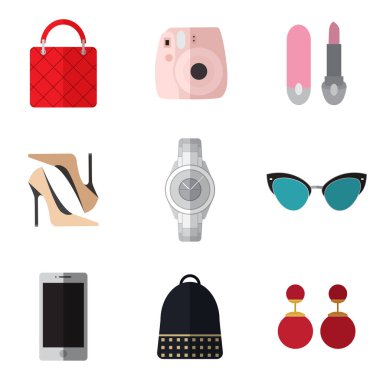 Beyaz arka plan üzerinde basit moda düz nesneleri kümesi