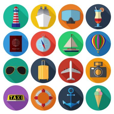 CIR üzerinde uzun gölgeler ile modern seyahat sembolleri düz simgeler kümesi