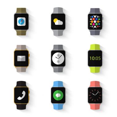 Beyaz backg üzerinde gölgeler ile basit Akıllı izle düz simgeler kümesi