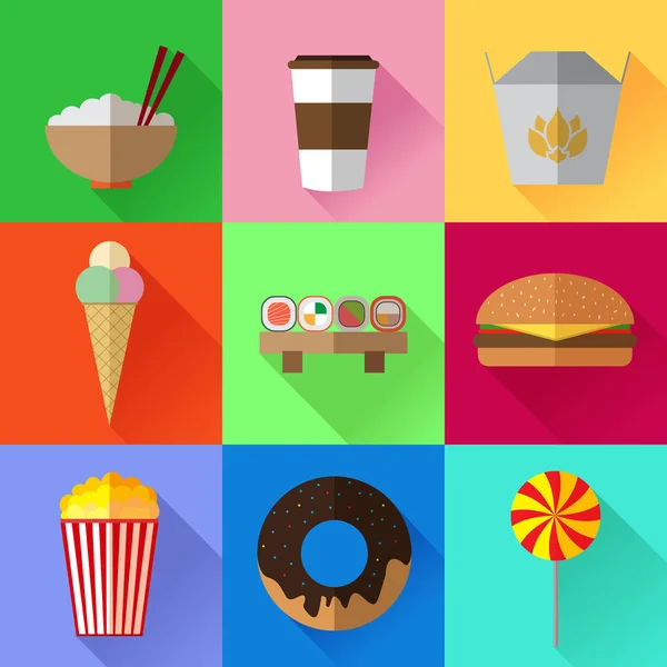 Conjunto de coloridos iconos planos de comida rápida simple con largas sombras en — Vector de stock