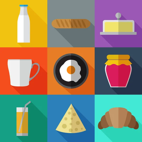 Conjunto de simples iconos de la comida de desayuno plana en las plazas de color — Vector de stock