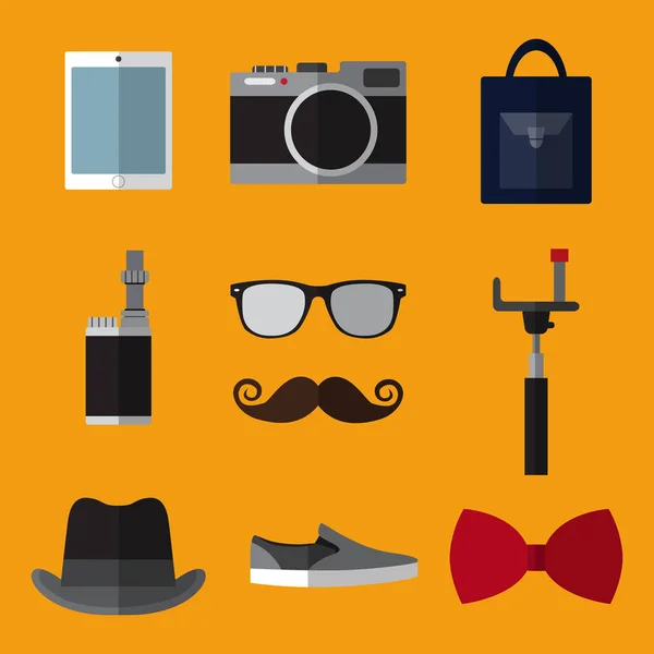 Conjunto de ícones simples hipster acessório plano sobre fundo laranja — Vetor de Stock