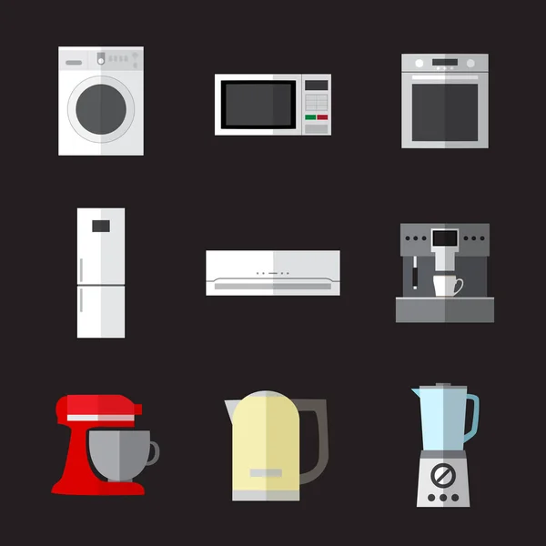 Conjunto de simples electrodomésticos iconos planos con largas sombras en color c — Vector de stock