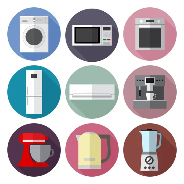 Conjunto de simples electrodomésticos iconos planos con largas sombras en color c — Archivo Imágenes Vectoriales