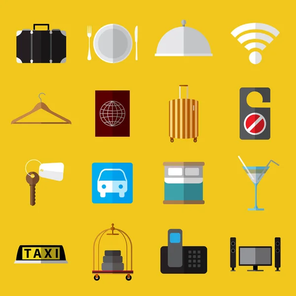 Set de simples símbolos modernos del hotel iconos planos sobre fondo amarillo — Vector de stock