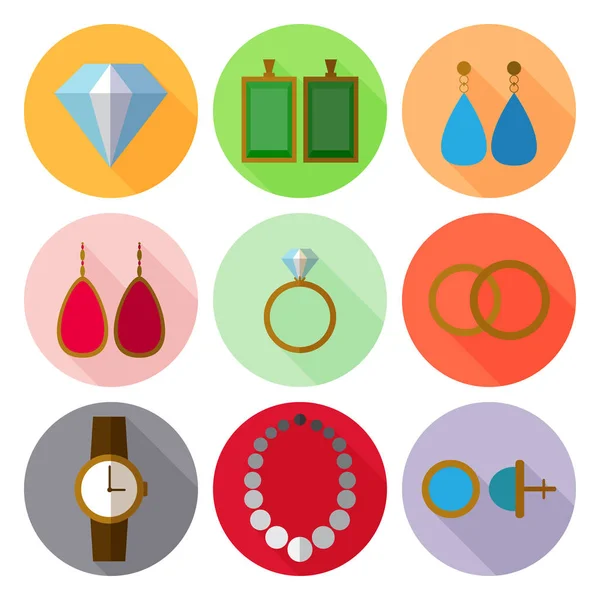 Conjunto de simples iconos de joyería plana en círculos de color — Vector de stock