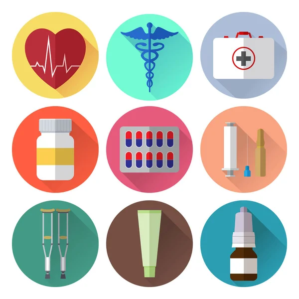 Conjunto de iconos planos de medicina simple sobre fondo de círculo de color — Vector de stock