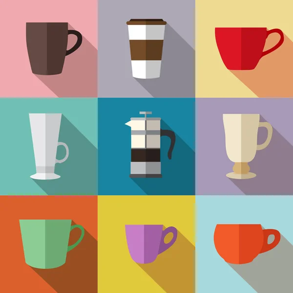 Conjunto de tazas de café de colores simples e iconos planos de prensa francesa o — Vector de stock