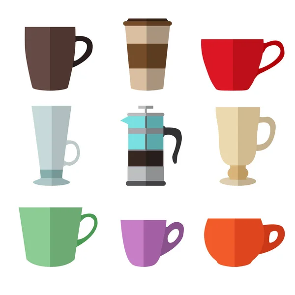 Conjunto de tazas de café de colores simples e iconos planos de prensa francesa o — Vector de stock