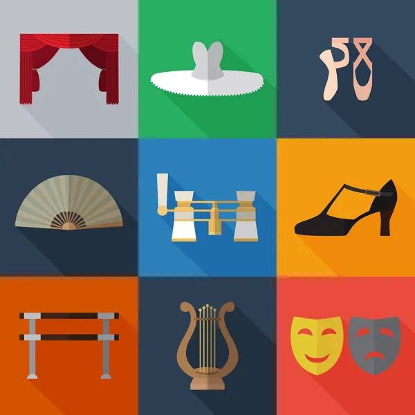 Conjunto de simples símbolos de teatro y ballet iconos planos en color squ — Vector de stock