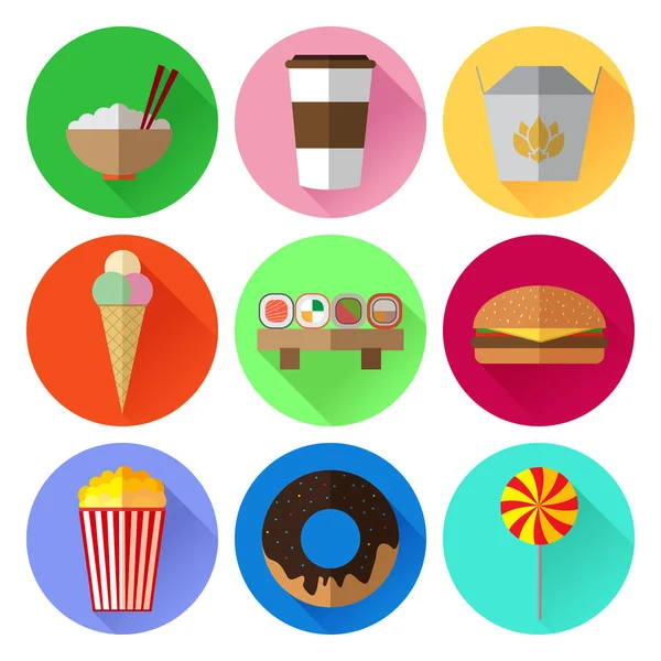Conjunto de coloridos iconos planos de comida rápida simple con largas sombras en Gráficos Vectoriales