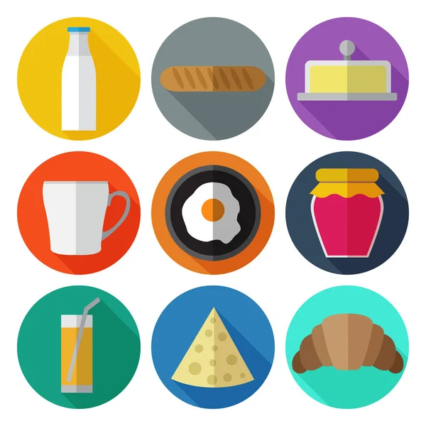 Conjunto de simples iconos de la comida de desayuno plana en círculos de color Vectores de stock libres de derechos