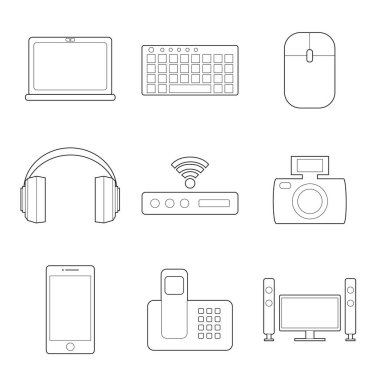 Beyaz arka plan üzerinde basit cihazlar hat sanat simge kümesi
