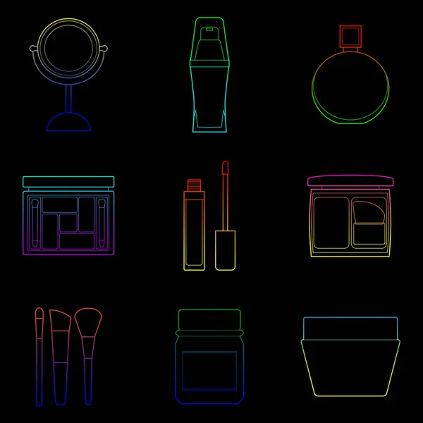 Ensemble d'icônes d'art de ligne de couleur cosmétique simple sur fond noir — Image vectorielle