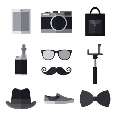 Turuncu arka plan üzerinde basit hipster Aksesuar düz simgeler kümesi