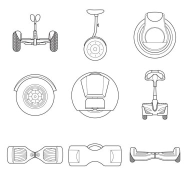 Beyaz arka plan üzerinde basit gyroscooter hat sanat simgeler kümesi. Gyrobord seti