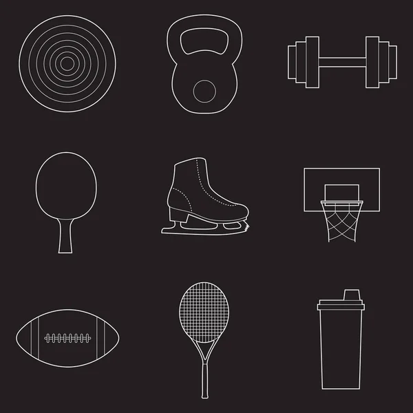 Set von einfachen Sportgeräten Linie Kunst Symbole auf schwarzem Hintergrund — Stockvektor