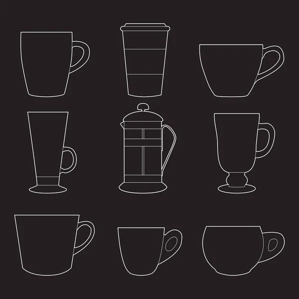 간단한 다채로운 커피 컵의 설정 하 고 프랑스어 프레스 라인 아트 아이콘 흰색 배경 — 스톡 벡터