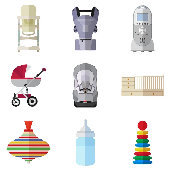 Set de pictograme de produse plate pentru un nou-născut. Obiecte pentru nou-născuți. Set de chestii pentru copii pe bacterul alb — Vector de stoc